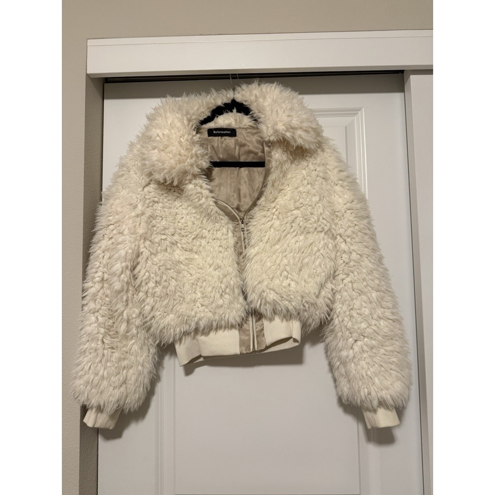 Reformation Freddie Faux Fur Zip Front Coat Size XS Teddy Ivory - Picture 2 of 6